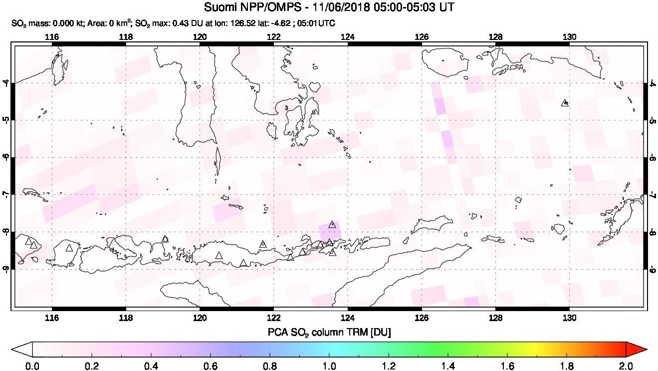 A sulfur dioxide image over Lesser Sunda Islands, Indonesia on Nov 06, 2018.