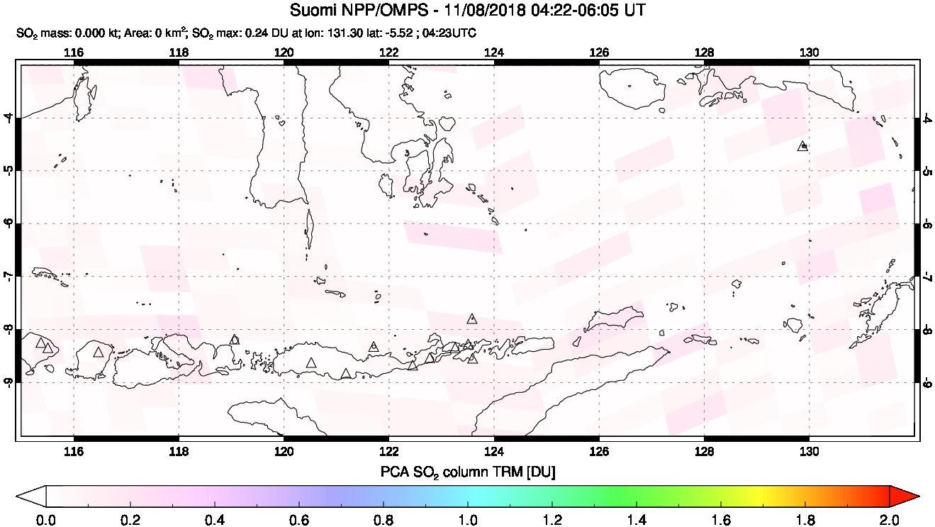 A sulfur dioxide image over Lesser Sunda Islands, Indonesia on Nov 08, 2018.