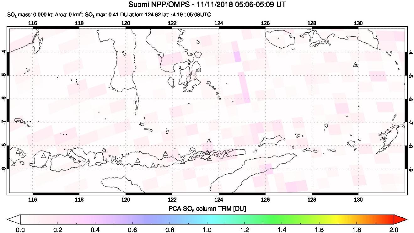 A sulfur dioxide image over Lesser Sunda Islands, Indonesia on Nov 11, 2018.