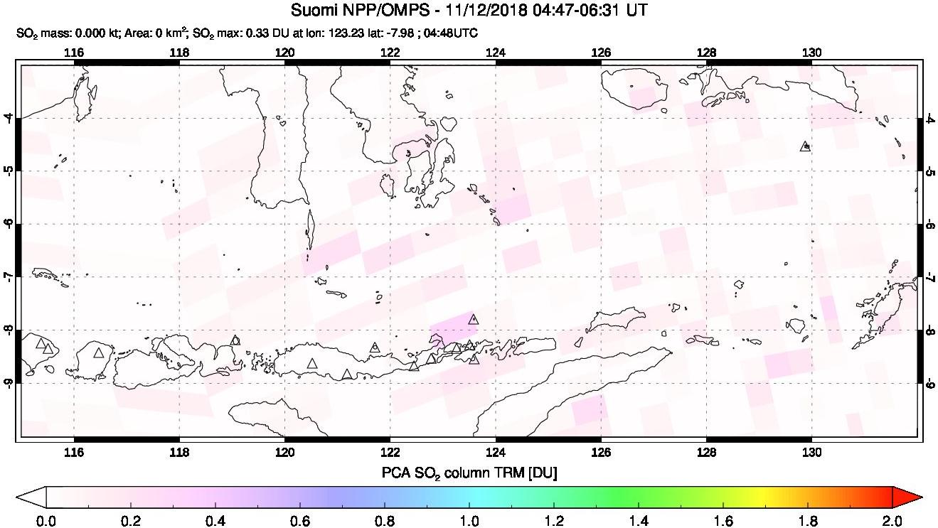 A sulfur dioxide image over Lesser Sunda Islands, Indonesia on Nov 12, 2018.