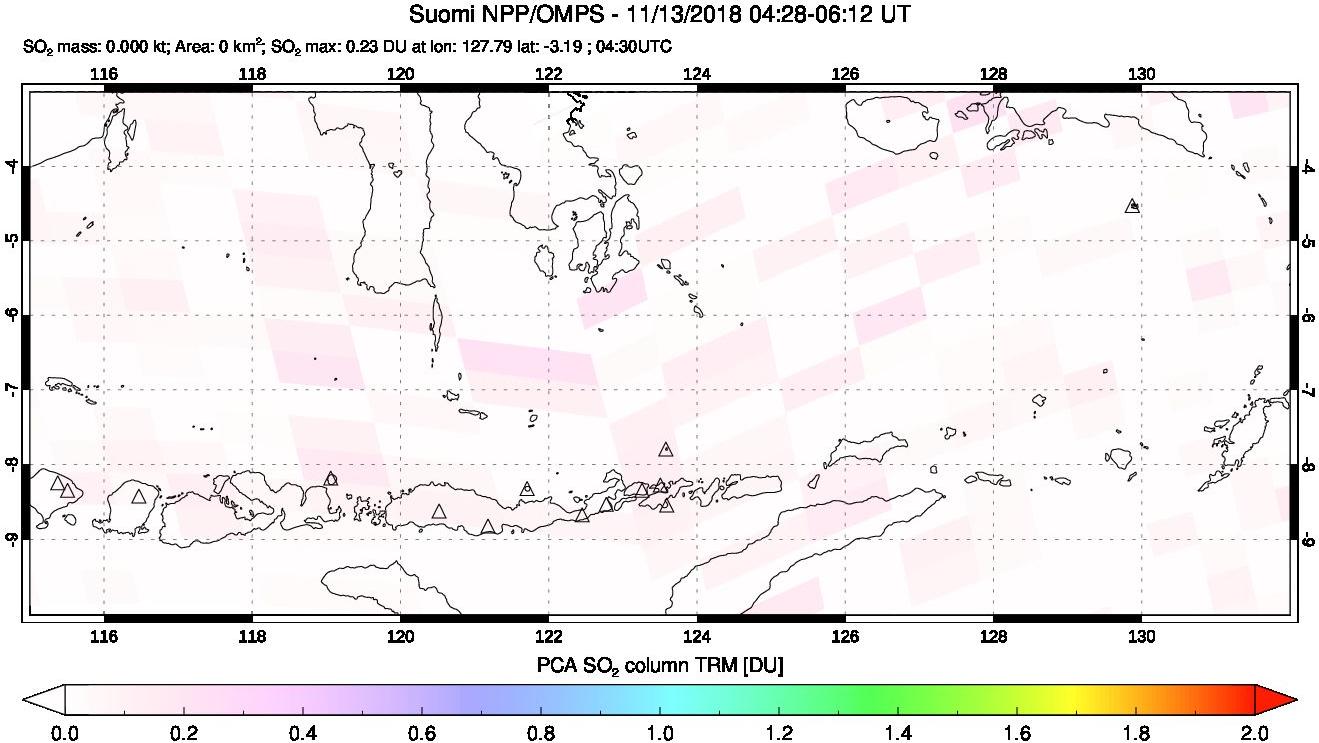 A sulfur dioxide image over Lesser Sunda Islands, Indonesia on Nov 13, 2018.