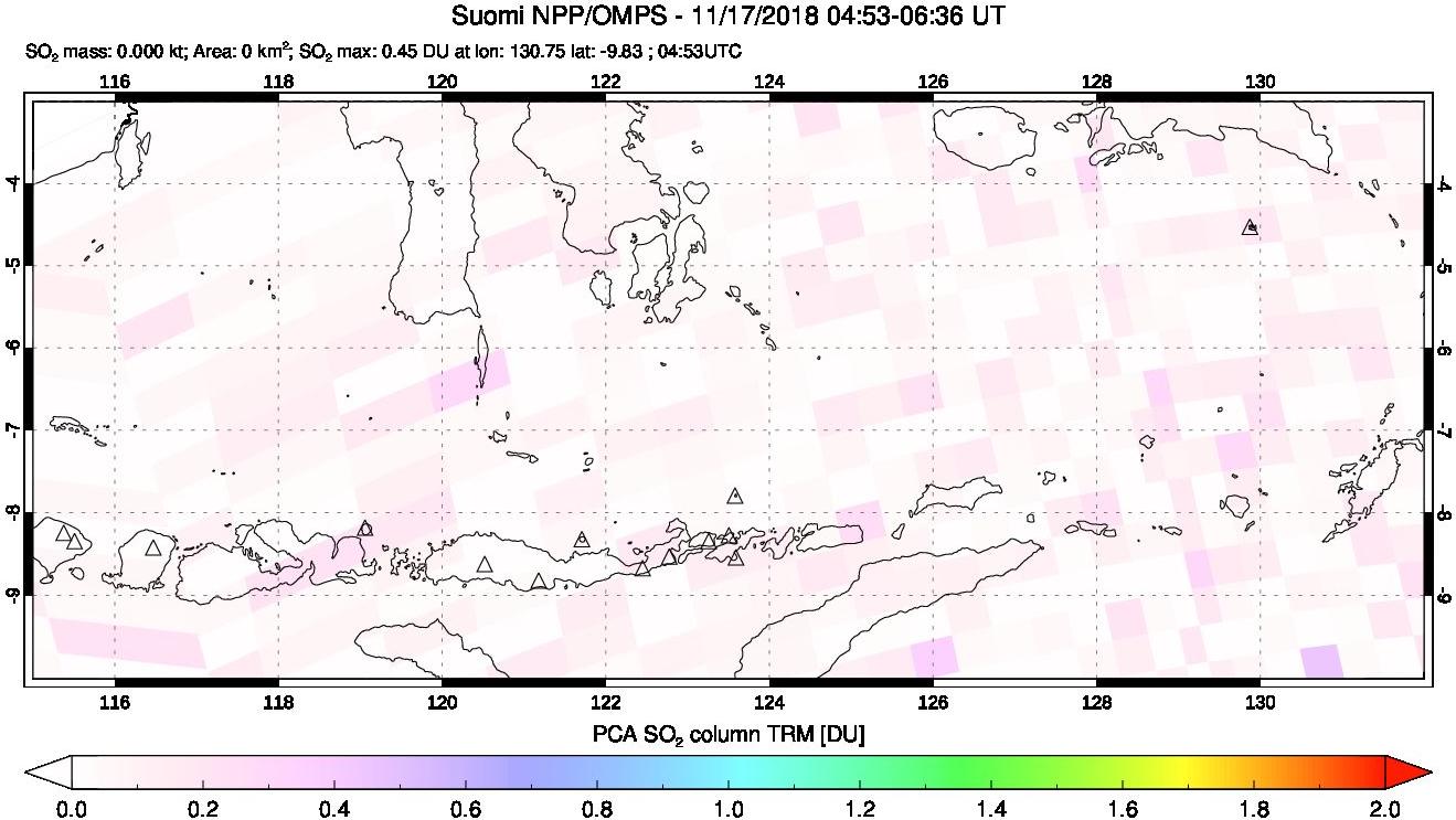 A sulfur dioxide image over Lesser Sunda Islands, Indonesia on Nov 17, 2018.