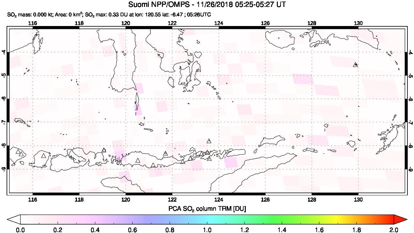 A sulfur dioxide image over Lesser Sunda Islands, Indonesia on Nov 26, 2018.
