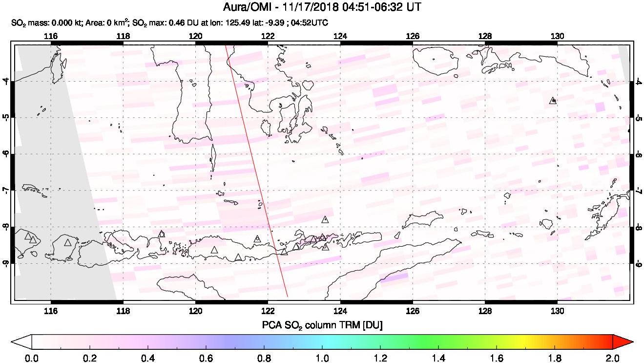 A sulfur dioxide image over Lesser Sunda Islands, Indonesia on Nov 17, 2018.