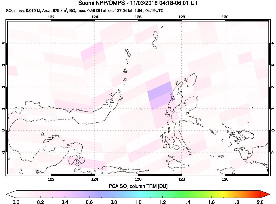 A sulfur dioxide image over Northern Sulawesi & Halmahera, Indonesia on Nov 03, 2018.