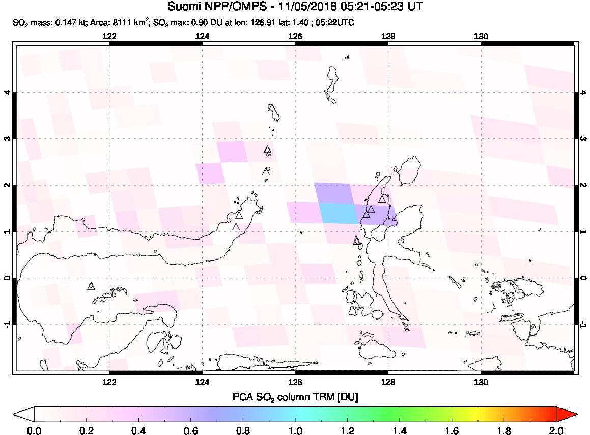 A sulfur dioxide image over Northern Sulawesi & Halmahera, Indonesia on Nov 05, 2018.