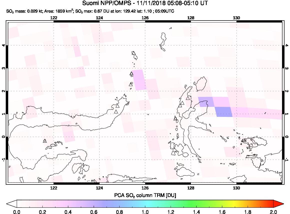 A sulfur dioxide image over Northern Sulawesi & Halmahera, Indonesia on Nov 11, 2018.