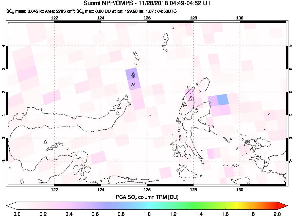 A sulfur dioxide image over Northern Sulawesi & Halmahera, Indonesia on Nov 28, 2018.