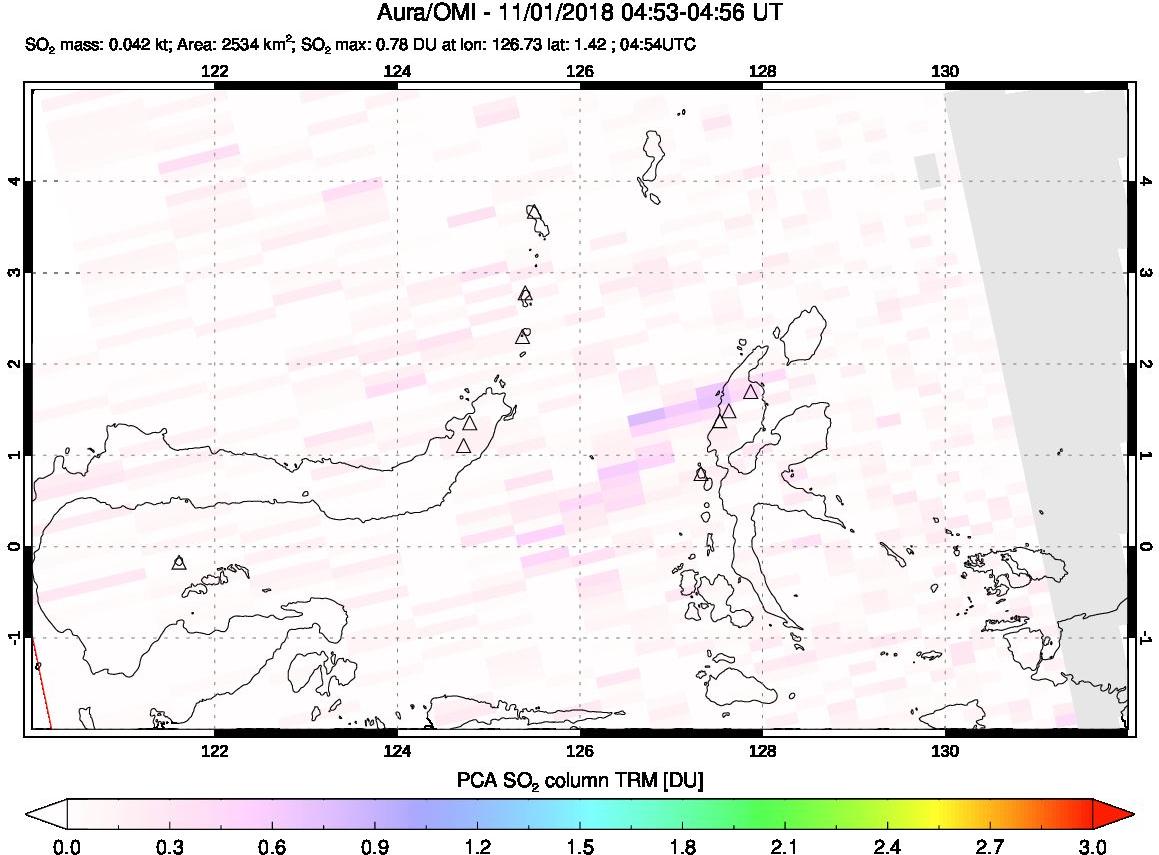 A sulfur dioxide image over Northern Sulawesi & Halmahera, Indonesia on Nov 01, 2018.