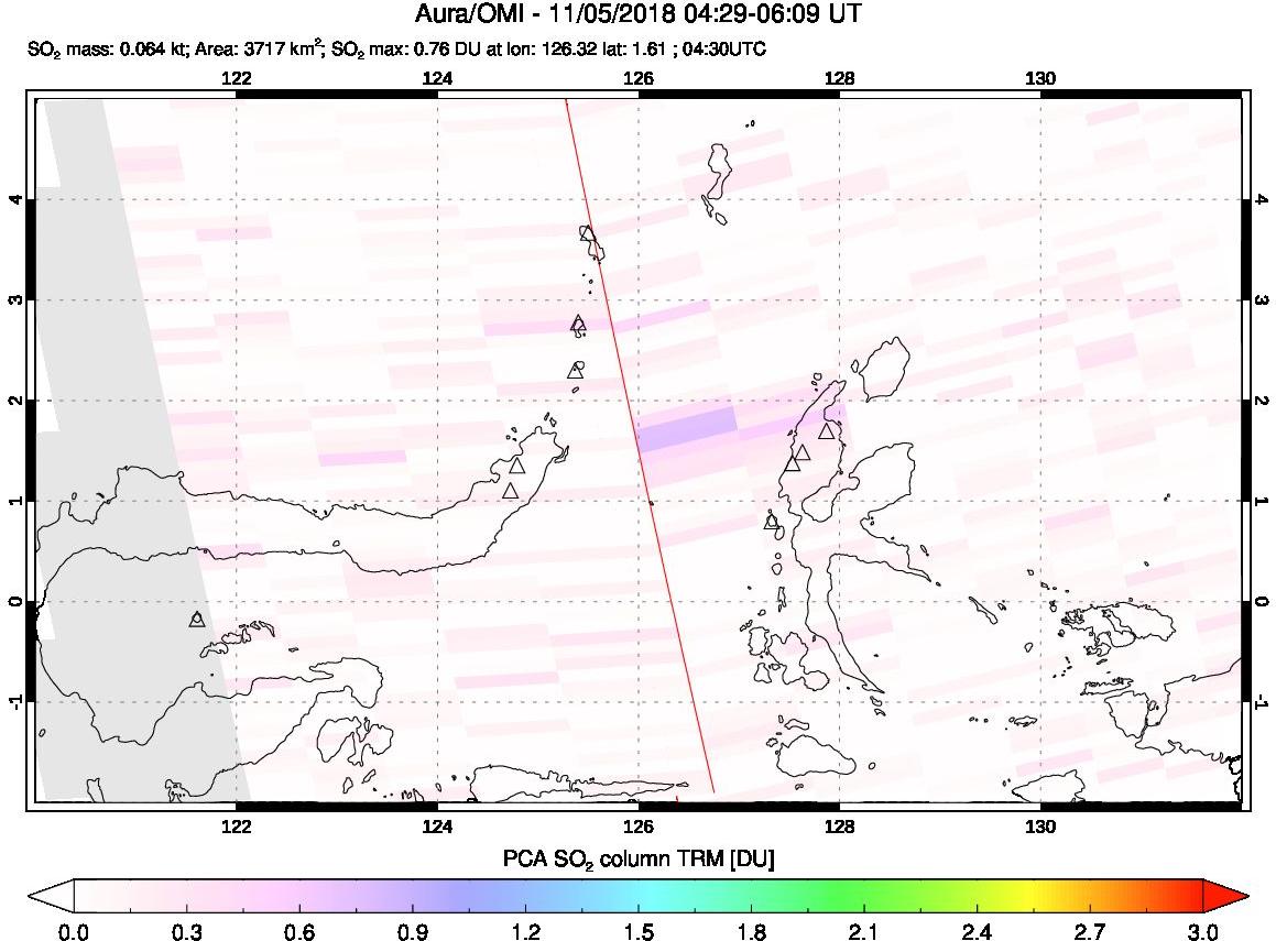 A sulfur dioxide image over Northern Sulawesi & Halmahera, Indonesia on Nov 05, 2018.