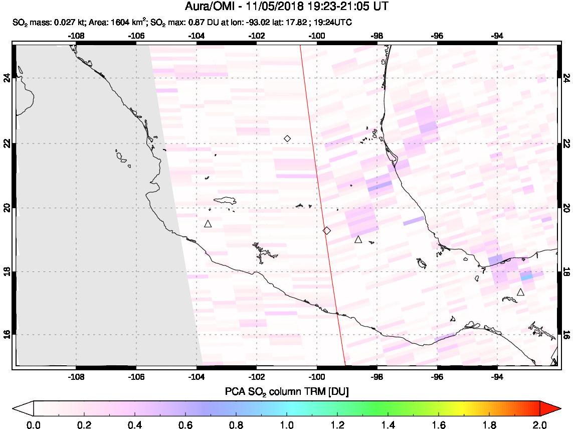 A sulfur dioxide image over Mexico on Nov 05, 2018.