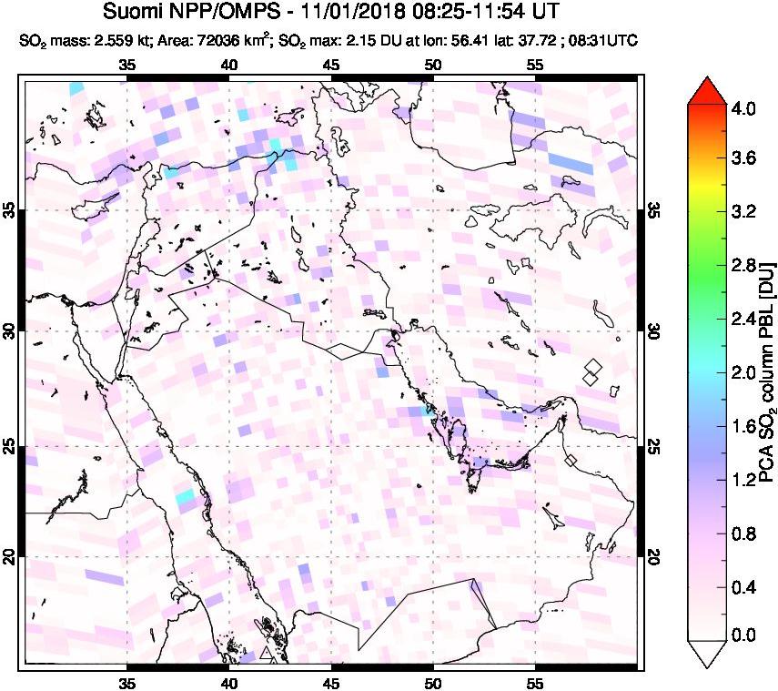 A sulfur dioxide image over Middle East on Nov 01, 2018.
