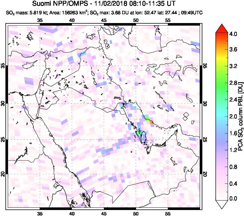 A sulfur dioxide image over Middle East on Nov 02, 2018.