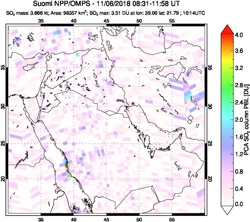 A sulfur dioxide image over Middle East on Nov 06, 2018.