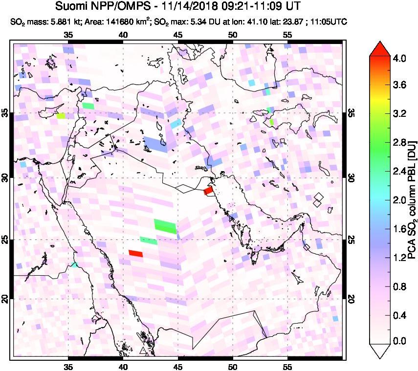 A sulfur dioxide image over Middle East on Nov 14, 2018.