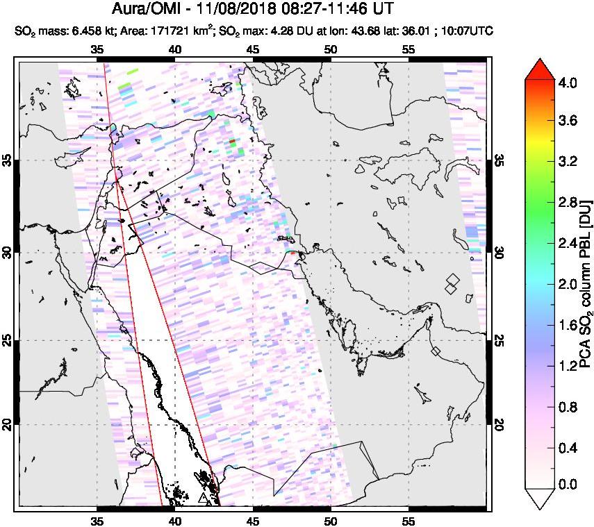 A sulfur dioxide image over Middle East on Nov 08, 2018.