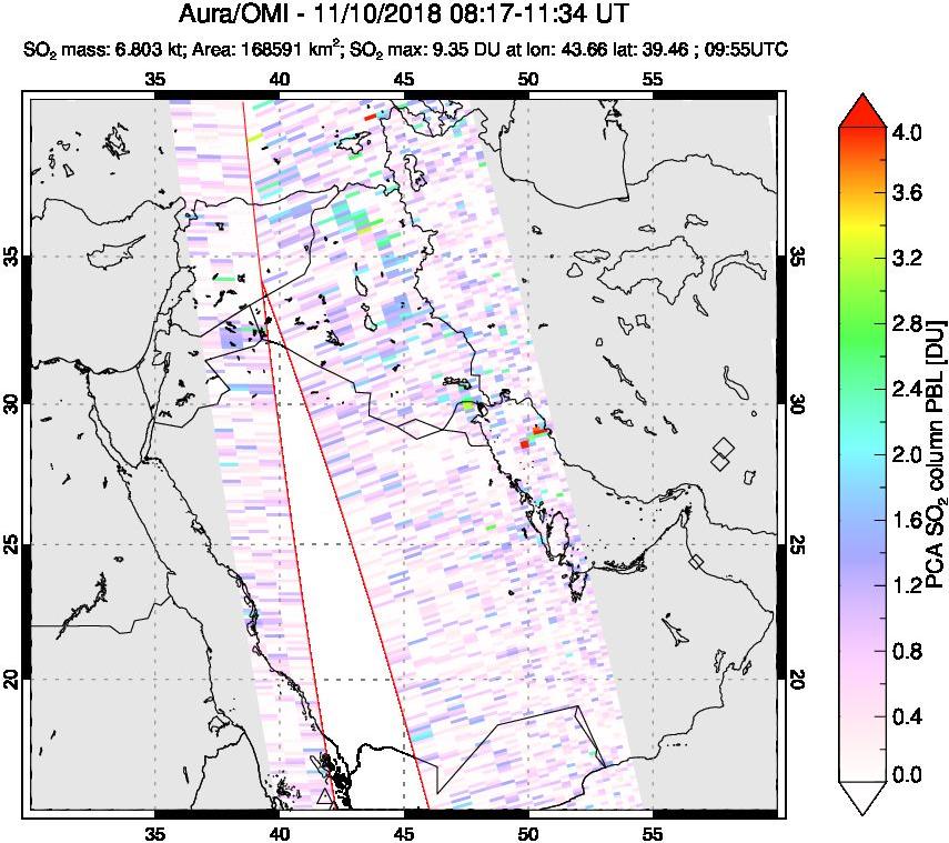 A sulfur dioxide image over Middle East on Nov 10, 2018.
