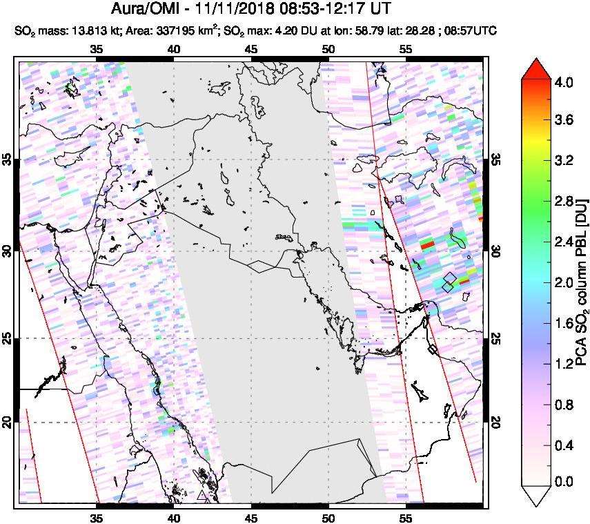 A sulfur dioxide image over Middle East on Nov 11, 2018.
