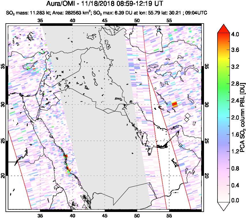 A sulfur dioxide image over Middle East on Nov 18, 2018.