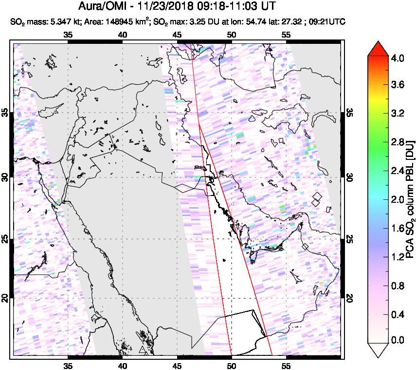 A sulfur dioxide image over Middle East on Nov 23, 2018.