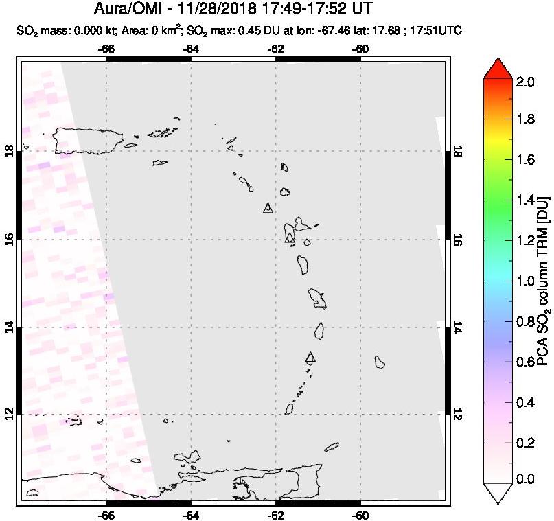 A sulfur dioxide image over Montserrat, West Indies on Nov 28, 2018.