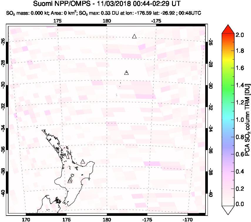 A sulfur dioxide image over New Zealand on Nov 03, 2018.