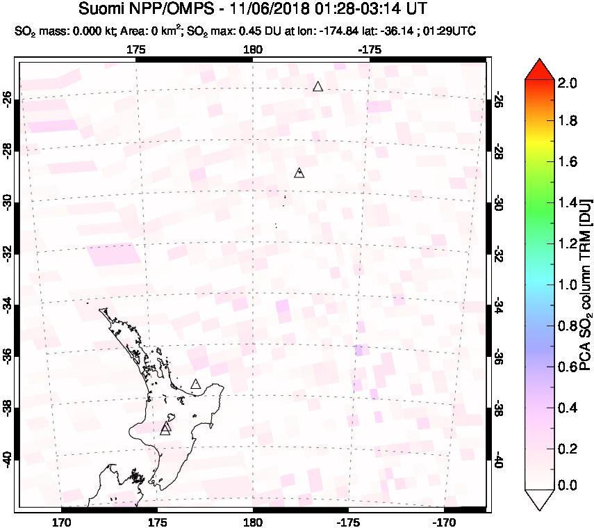 A sulfur dioxide image over New Zealand on Nov 06, 2018.