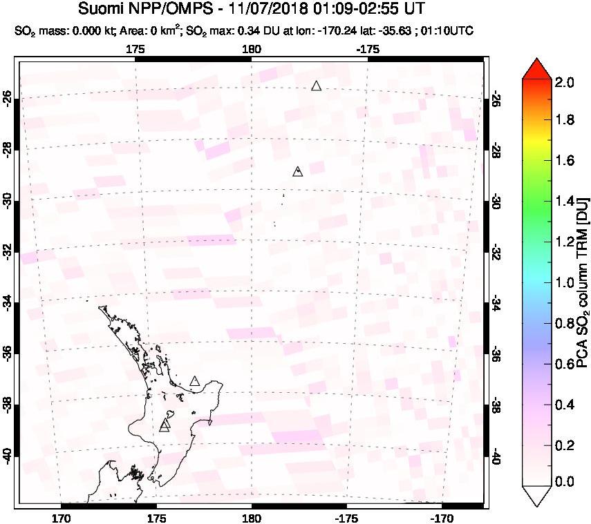 A sulfur dioxide image over New Zealand on Nov 07, 2018.