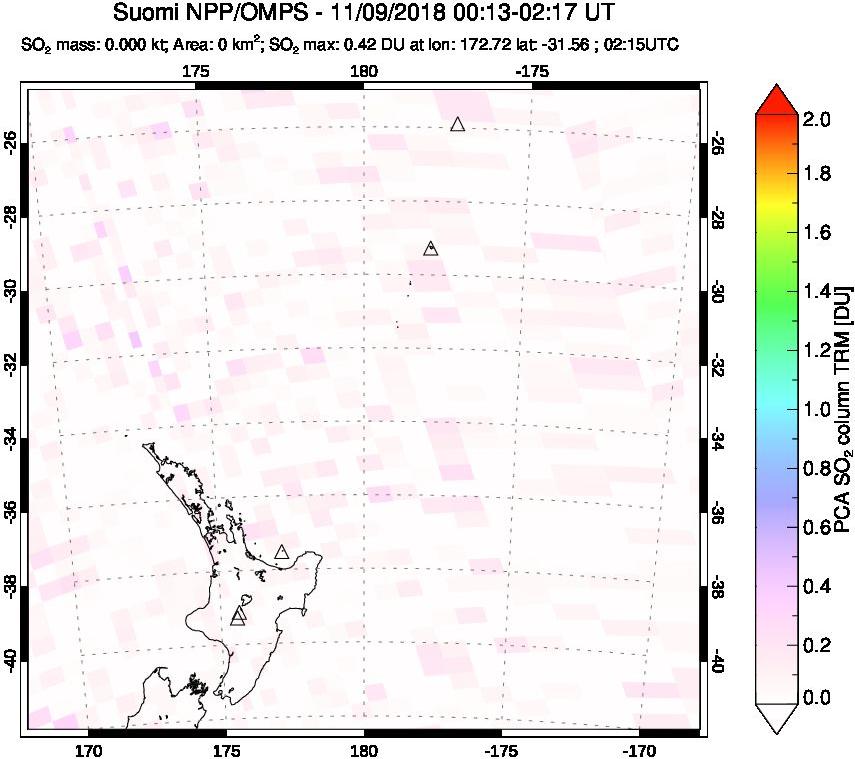 A sulfur dioxide image over New Zealand on Nov 09, 2018.