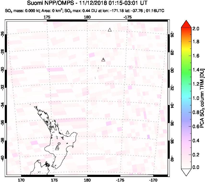 A sulfur dioxide image over New Zealand on Nov 12, 2018.
