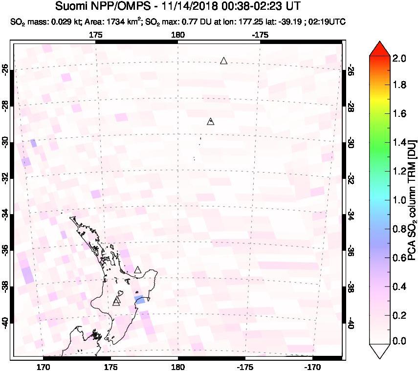 A sulfur dioxide image over New Zealand on Nov 14, 2018.