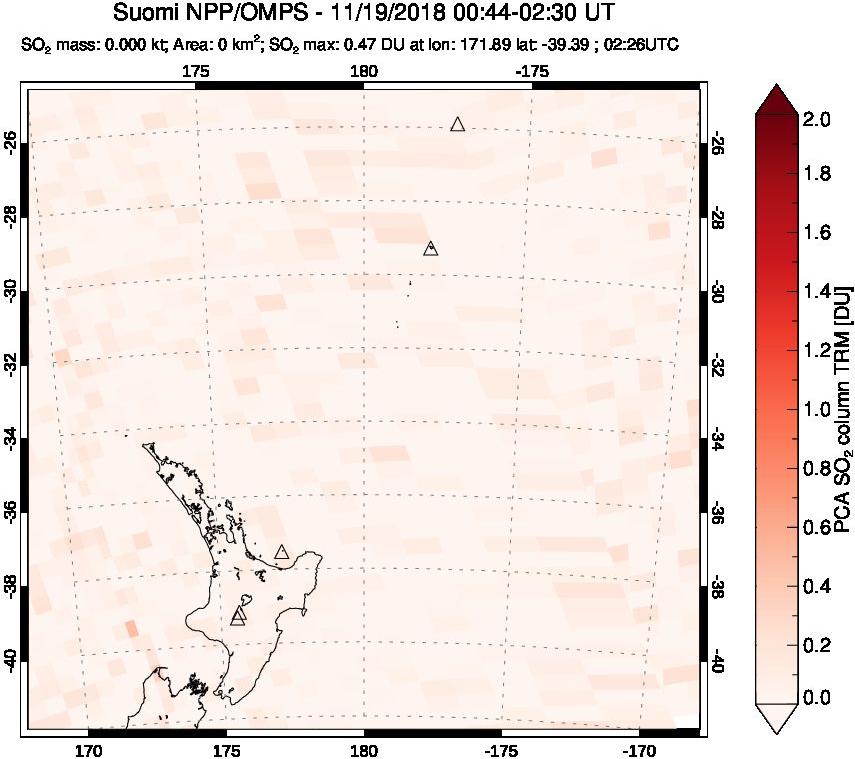 A sulfur dioxide image over New Zealand on Nov 19, 2018.