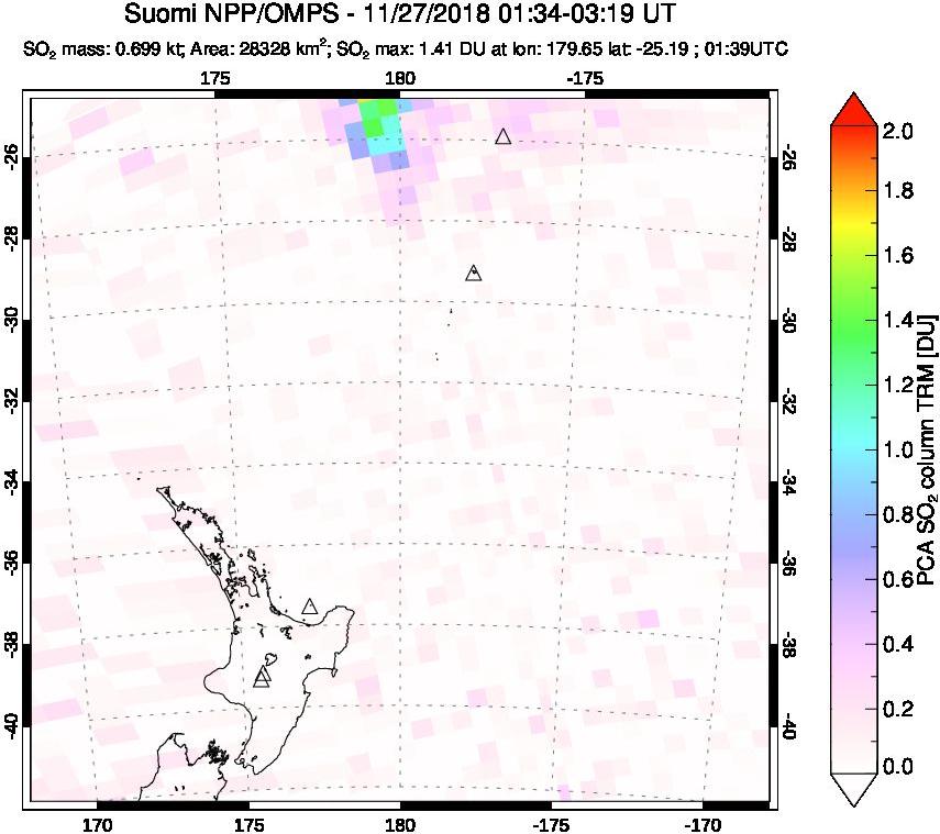 A sulfur dioxide image over New Zealand on Nov 27, 2018.