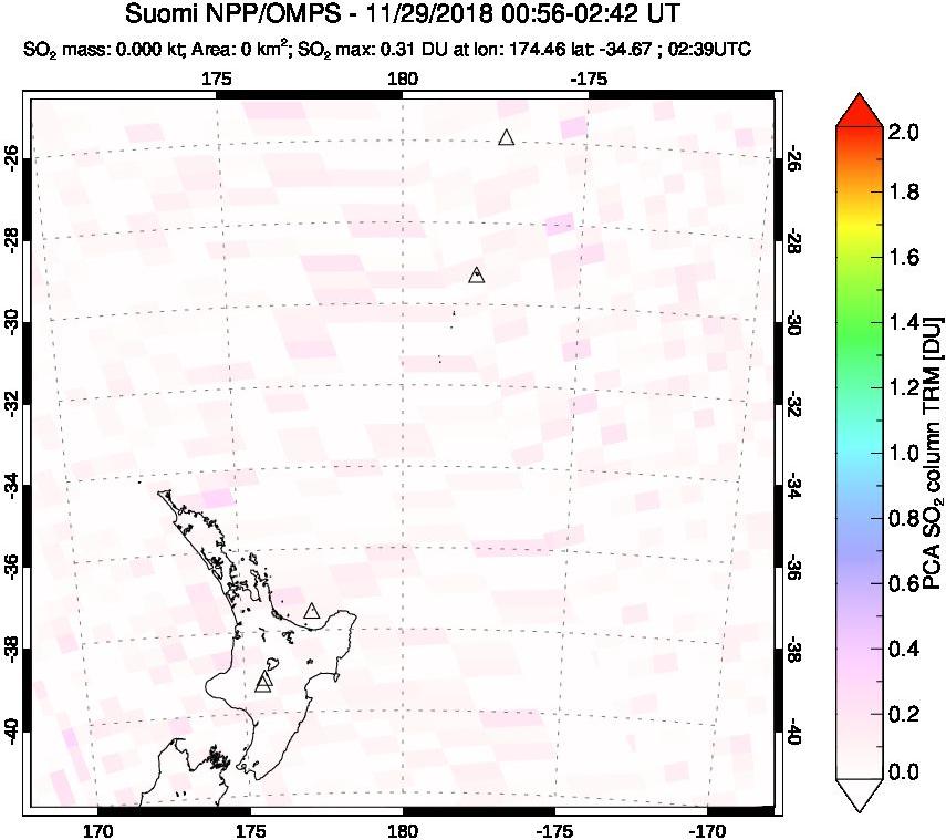 A sulfur dioxide image over New Zealand on Nov 29, 2018.