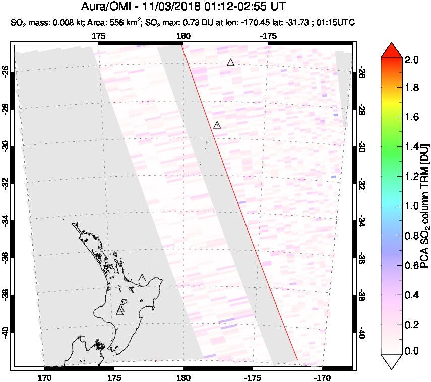 A sulfur dioxide image over New Zealand on Nov 03, 2018.