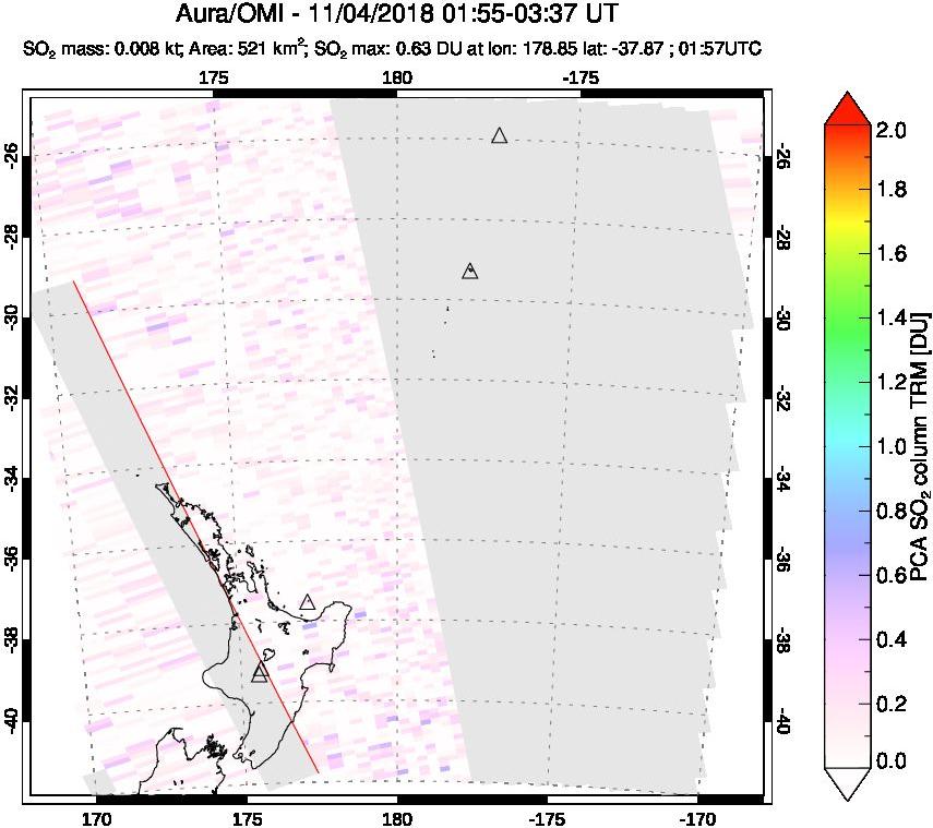A sulfur dioxide image over New Zealand on Nov 04, 2018.
