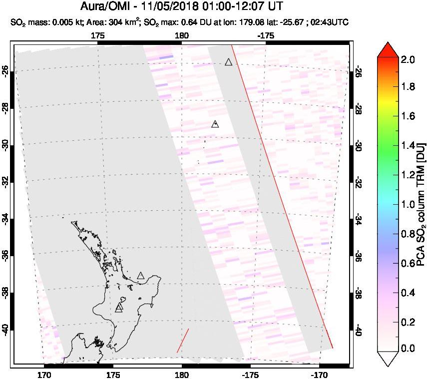 A sulfur dioxide image over New Zealand on Nov 05, 2018.