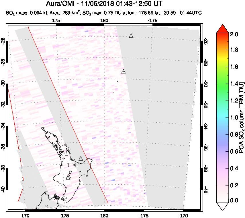 A sulfur dioxide image over New Zealand on Nov 06, 2018.