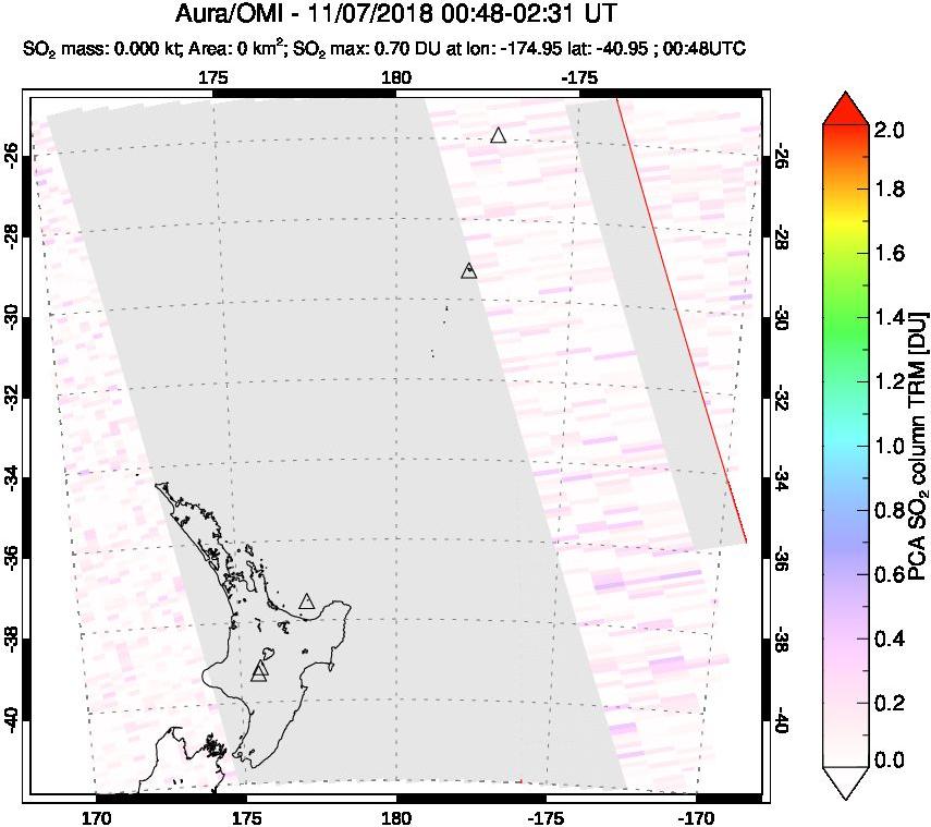 A sulfur dioxide image over New Zealand on Nov 07, 2018.