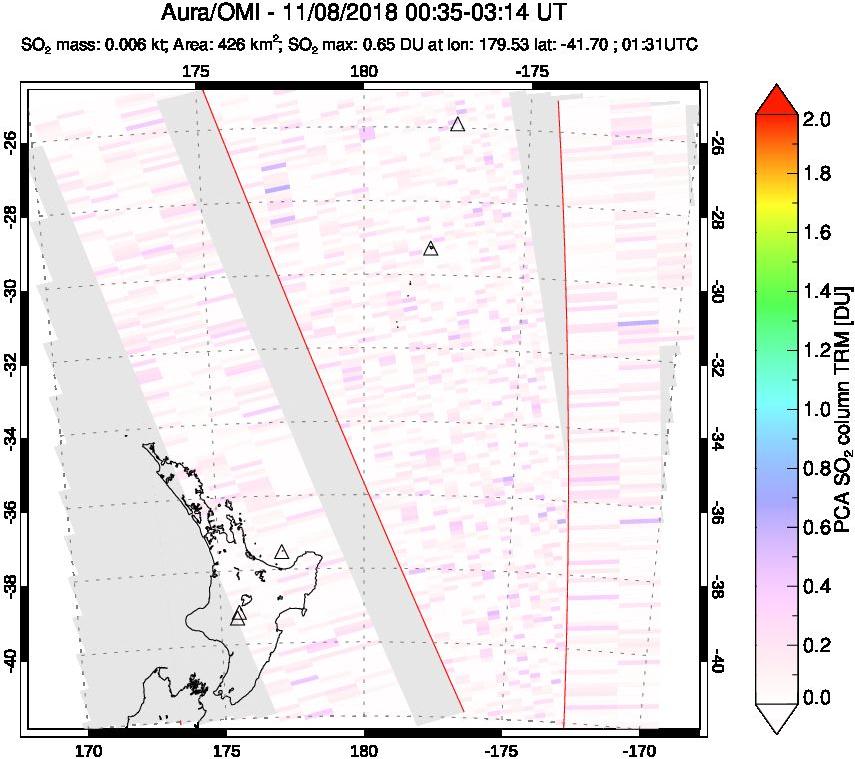 A sulfur dioxide image over New Zealand on Nov 08, 2018.