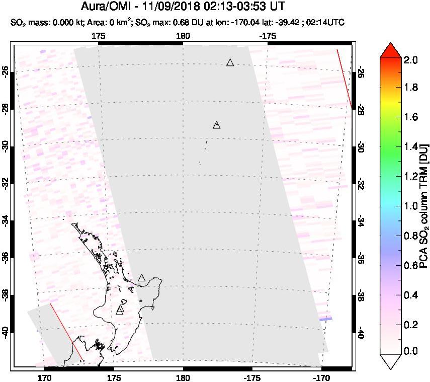 A sulfur dioxide image over New Zealand on Nov 09, 2018.