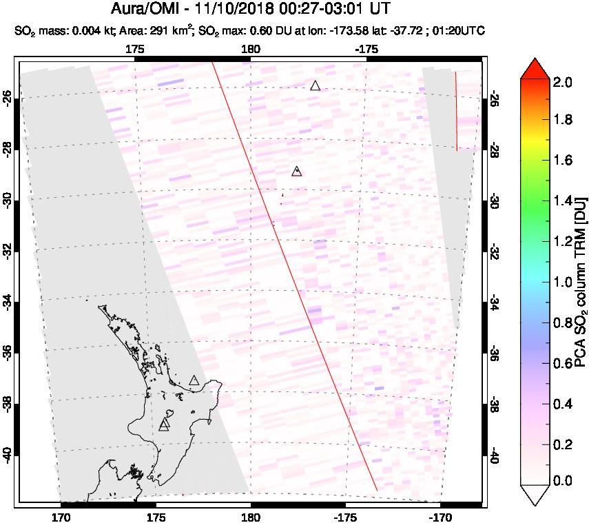 A sulfur dioxide image over New Zealand on Nov 10, 2018.