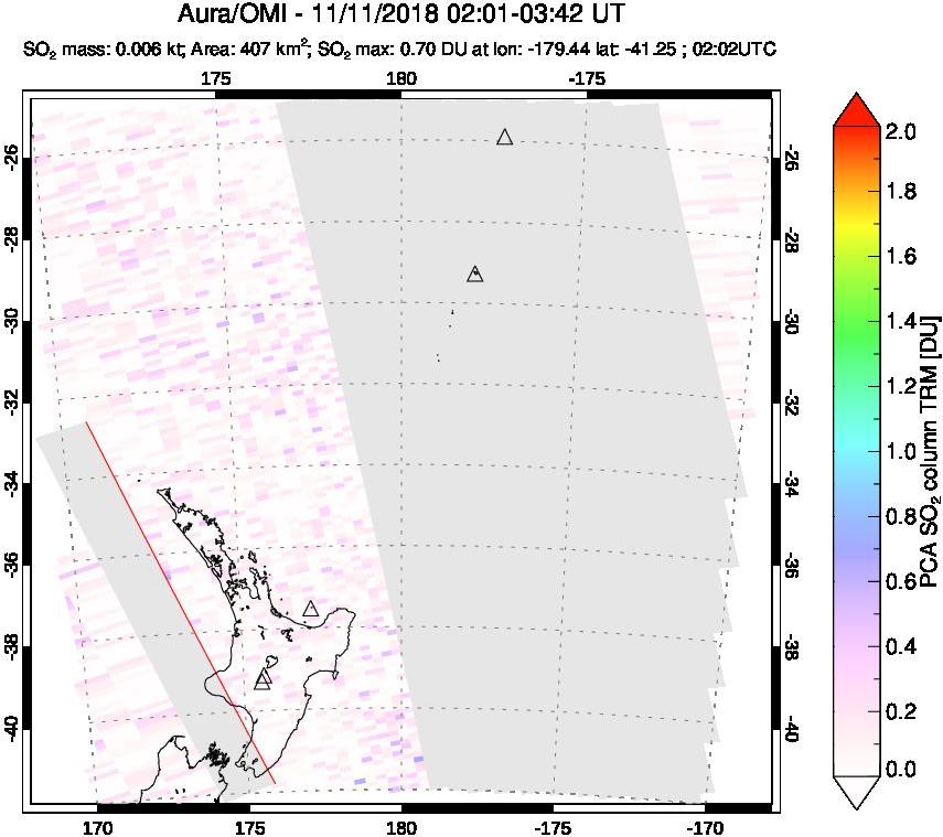 A sulfur dioxide image over New Zealand on Nov 11, 2018.