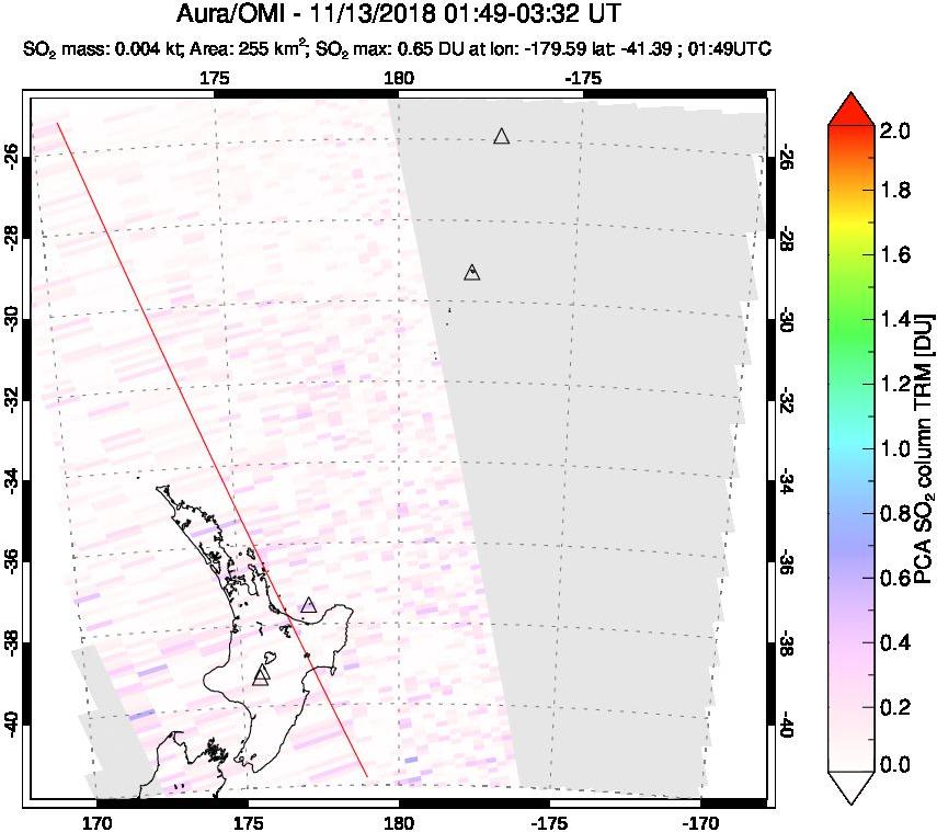 A sulfur dioxide image over New Zealand on Nov 13, 2018.