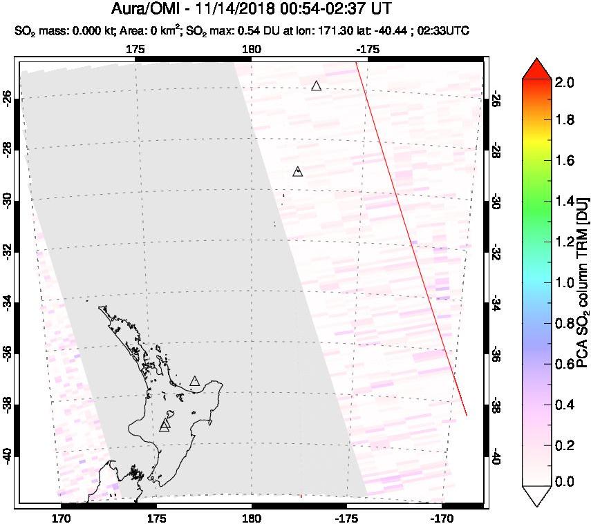 A sulfur dioxide image over New Zealand on Nov 14, 2018.