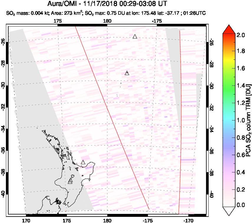 A sulfur dioxide image over New Zealand on Nov 17, 2018.