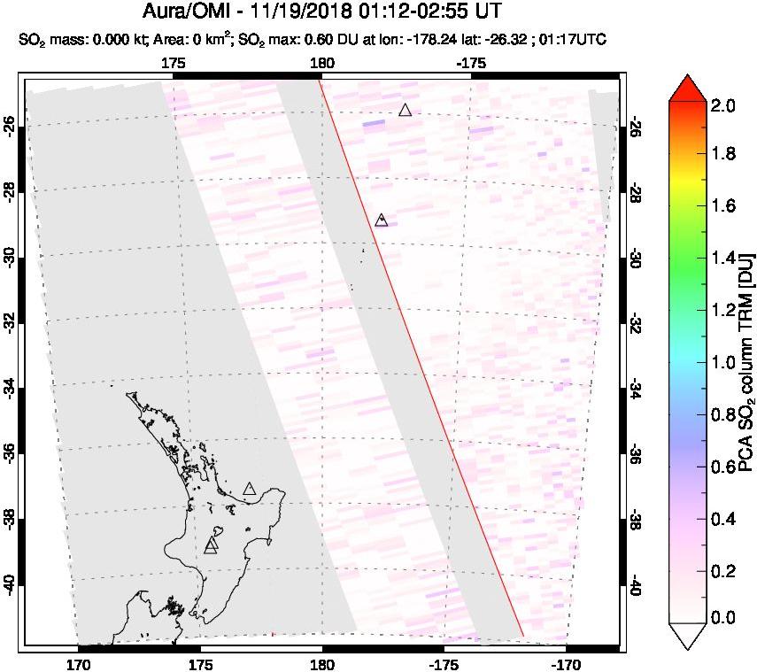 A sulfur dioxide image over New Zealand on Nov 19, 2018.