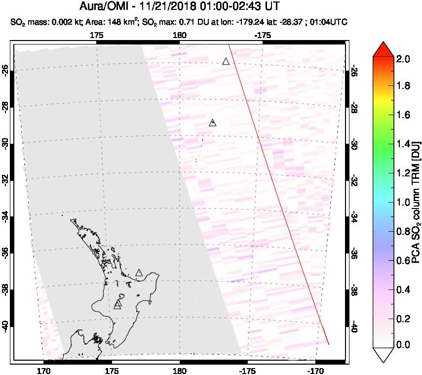 A sulfur dioxide image over New Zealand on Nov 21, 2018.