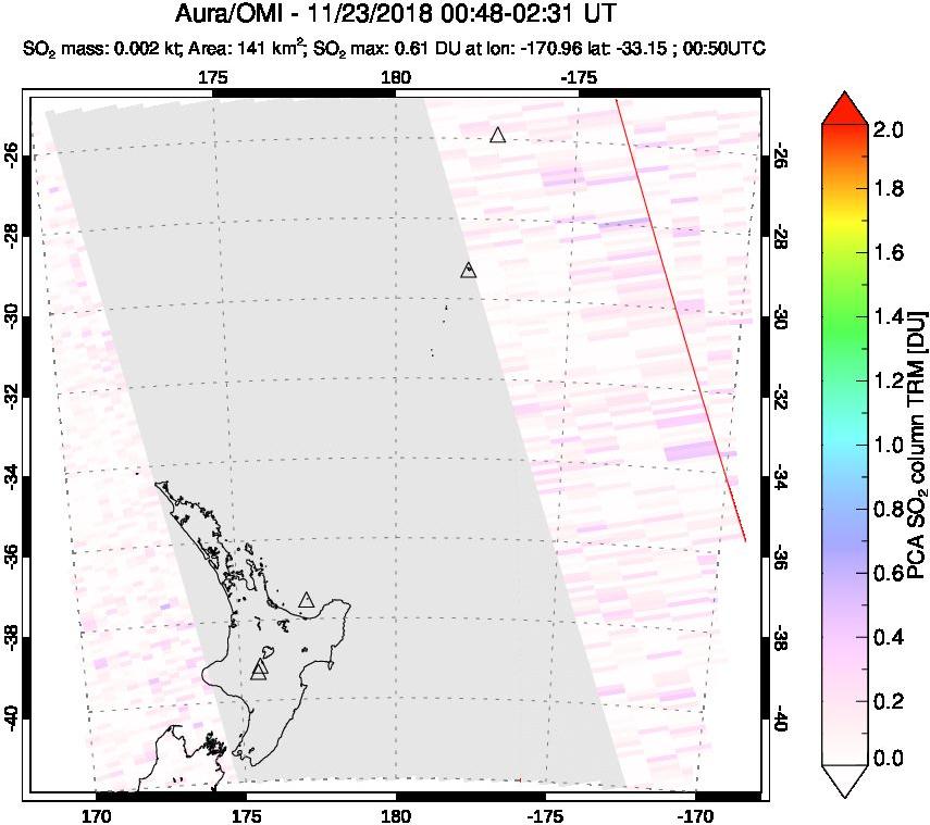 A sulfur dioxide image over New Zealand on Nov 23, 2018.