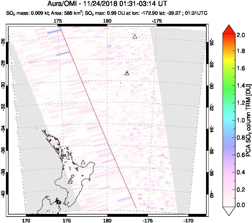 A sulfur dioxide image over New Zealand on Nov 24, 2018.